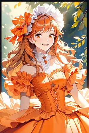 Very beautiful girl wearing a sumptuous orange dress, illustration, detailed, realistic, UHD, beautiful detailed eyes, beautiful detailed, Warmly smile. Rococo oil paint