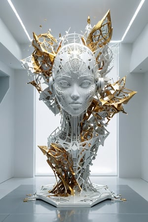 Front view of a museal sculpture displayed on a pedestal in the white room inside a futuristic museum. BREAK The artwork is (an amazing and captivating abstract sculpture:1.4), (trendwhore style:1.4),  architectural elements, deconstructivism, shattered reality, glow, spark, (2004 aesthetics:1.2),(beautiful vector shapes:1.3), golden theme. Abstract fractal shape, gradient background, sharp details. Highest quality, detailed and intricate, original artwork, trendy, vector art, vintage, award-winning, artint, LW. BREAK wide shot, sharp focus, bright white room,noc-wfhlgr