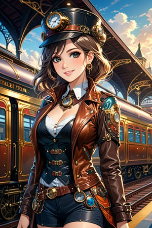 Very beautiful girl, black eyes and hair, with a steampunk leather jacket, waistcoat and hat, intricately detailed brass accessories. Masterpiece, illustration, extremely detailed, warmly smile, bright colors, dark light, railway station on background 