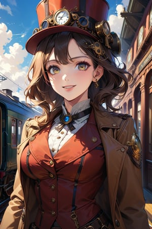 Very beautiful girl with a steampunk beige leather jacket, red waistcoat and hat, intricately detailed brass accessories. Masterpiece, illustration, extremely detailed, beautiful detailed eyes, beautiful detailed mouth, warmly smile, bright colors, victorian railway station on background, complex_background 