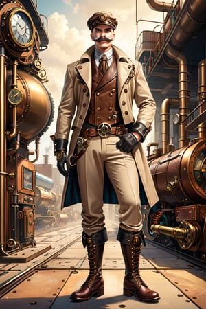 Industrial steampunk mechanic man, face marked by experience, moustache,  (cap:0.8), steampunk beige leather double-breasted jacket, beige tweed fabric puffed trousers, (leather laced boots:0.8), intricately detailed brass accessories. Masterpiece, illustration, extremely detailed, cinematic pose, industrial background