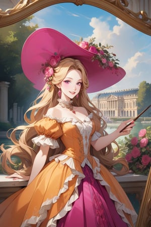 Very beautiful girl wearing a sumptuous fuchsia and pale orange dress, wide brimmed hat, illustration, detailed, beautiful detailed eyes, beautiful detailed face, blonde hair, warmly smile, she is showing a painting of hers, Versailles background. Rococo oil paint