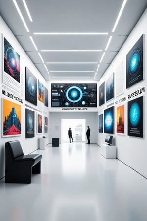 Wide view of a futuristic museal room with some artworks representing graphics and concept maps with text displayed on the white walls. Futuristic museum. Bright colors, close shot. ,dvr-txt