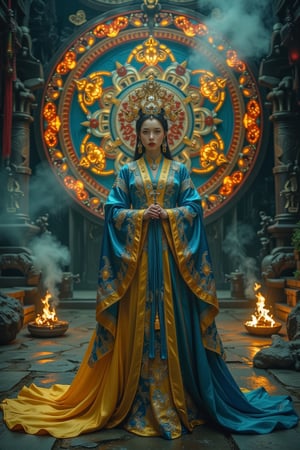 Full body shot, bottom view of a character standing in cinematic pose, slim body, representation of a (very tall:1.4) fantasy chinese goddess with the most sumptuous long wedding hanfu dress that completely covers the feet and is made of blue, and  yellow silk and richly (embroidered:1.2) with gold and silver threads, (wide sleeves:1.2), intricately carved golden (badges and tassels:1.2), golden crown, dark gothic temple background with a huge mandala (carved into the rock) on which magical luminous symbols burn. Fire and flame and clouds of smoke. Oil painted by Greg Rutkowski. Stunning interpretive visual, gothic regal, colorful, realistic eyes, dreamy magical atmosphere, cinematic light, side lightings, Midjourneyart, Midjourney_Whisper