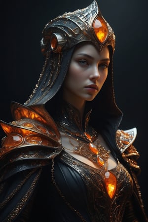 3D artwork, upper body shot represesenting a mighty female young caracter. High elven hat shaped as an orange seashell, mantle, shining gold jewels and silver chains. (Majestic pose:1.4), (hieratic expression:1.6), emerging from the darkness in the style of Rembrandt. The caracter wears a black and orange large luxury dress. The character is illuminated from the side by a dark golden light. Marine vibes. Vibrant colors. The background is a black gothic cathedral interior dimly lit by moonlight. UHD, high resolution, 8k.