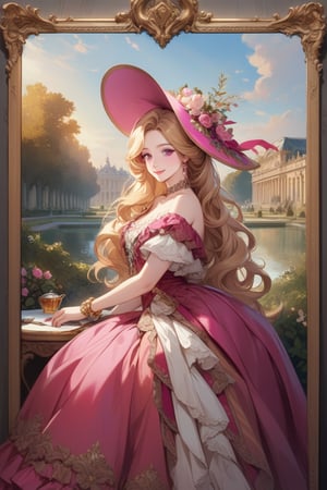 Very beautiful girl wearing a sumptuous fuchsia and pale orange dress, wide brimmed hat, illustration, detailed, beautiful detailed eyes, beautiful detailed face, blonde hair, warmly smile, she is showing a painting of hers, Versailles background. Rococo oil paint