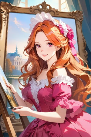 Very beautiful girl wearing a sumptuous fuchsia and pale orange dress, illustration, detailed, realistic, UHD, beautiful detailed eyes, beautiful detailed, orange hair, warmly smile, she is showing a painting of hers, Versailles background. Rococo oil paint