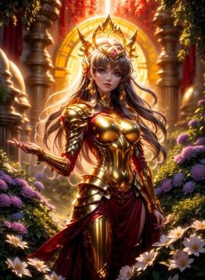 A saint seiya armored girl by Luis Royo, intricately ornated golden armor over a red dress, (small breast), shiny gold, richly jeweled, greenery forest background, bright rainbow colored flowers