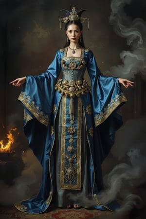 Full body shot of a character standing in majestic pose, representation of a (very tall:1.4) fantasy chinese goddess with the most sumptuous wedding hanfu dress made of (blue) silk and richly (embroidered:1.2) with gold and silver threads, (wide sleeves:1.2), intricately carved golden (badges and tassels:1.2), golden line, dark gothic background, fire and flame and clouds of smoke. Oil painted by Rembrandt. Stunning interpretive visual, gothic regal, colorful, realistic eyes, dreamy magical atmosphere, cinematic light, side lightings, Midjourneyart