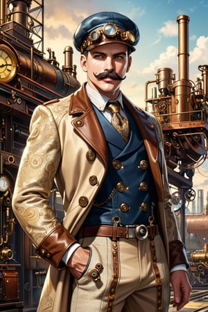 Industrial steampunk mechanic man, face marked by experience, moustache,  (cap:0.8), steampunk beige leather double-breasted jacket, beige tweed fabric puffed trousers, intricately detailed brass accessories. Masterpiece, illustration, extremely detailed, cinematic pose, industrial background