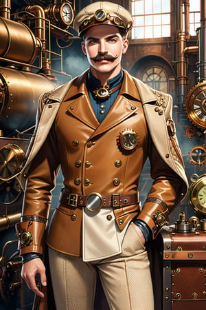 Industrial steampunk mechanic man, face marked by experience, moustache, cap, steampunk beige leather double-breasted jacket, beige tweed fabric puffed trousers, intricately detailed brass accessories. Masterpiece, illustration, extremely detailed, cinematic pose, industrial background