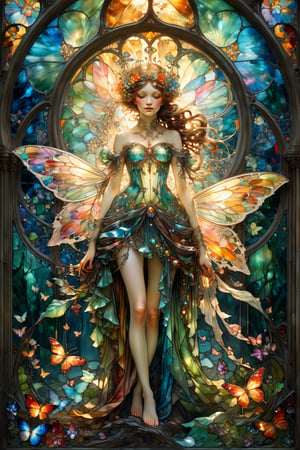 Full body fairy, magical fantasy art is done in oil paint and liquid chrome, liquid rainbow, best quality, art on a cracked paper, fairytale, patchwork, (stained glass:1.2), storybook detailed illustration, cinematic, ultra highly detailed, tiny details, beautiful details, mystical, luminism, vibrant colors, complex background, resolution hyperdetailed intricate liminal eerie precisionism, intricate background, (dark luminescent:1.2) art by Alphonse Mucha, Kinuko Y Craft, Arthur Rackham, Jean Baptiste Monge,crystalz