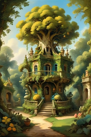 A mystical greenery garden with a treehouse in the center, masterful whimsical topiary sculptures, baroque style vases, flowers, esotic birds, (multiple fantastic spirals of branches and leaves:1.9), dreamy atmosphere, golden vibes, romantic landscape. Masterpiece, rococo style, painted by Jean-Honoré Fragonard