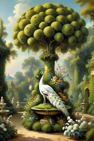 A mystical greenery garden, masterful whimsical topiary sculptures, flowers, one majestic awesome (white:1.2) (peacock:0.8) at the center of the scene. Dreamy atmosphere, golden vibes, romantic landscape. Masterpiece, rococo style, painted by Jean-Honoré Fragonard and Michael Cheval