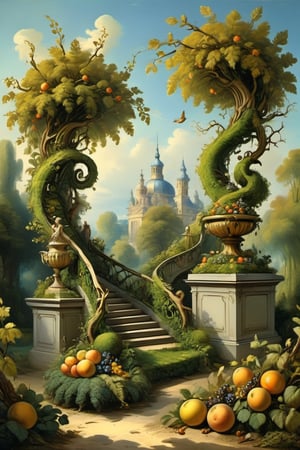 A mystical greenery garden, masterful whimsical topiary sculptures, baroque style vases, fruits, flowers, esotic birds, (multiple fantastic spirals of branches and leaves:1.9), dreamy atmosphere, golden vibes, romantic landscape. Masterpiece, rococo style, painted by Jean-Honoré Fragonard and Michael Cheval