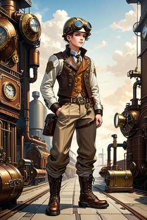 Industrial mechanic boy, with a steampunk beige leather double-breasted jacket, leather helmet and goggles, beige tweed fabric puffed trousers, leather laced boots, intricately detailed brass accessories. Masterpiece, illustration, extremely detailed, industrial background