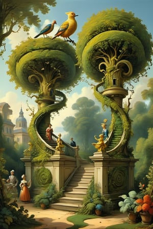 A mystical greenery garden, masterful whimsical topiary sculptures, baroque style vases, flowers, esotic birds, (multiple fantastic spirals of branches and leaves:1.9), dreamy atmosphere, golden vibes, romantic landscape. Masterpiece, rococo style, painted by Jean-Honoré Fragonard and Michael Cheval