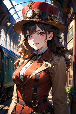 Very beautiful girl with a steampunk beige leather jacket, red waistcoat and hat, intricately detailed brass accessories. Masterpiece, illustration, extremely detailed, beautiful detailed eyes, beautiful detailed mouth, warmly smile, bright colors, victorian railway station on background, complex_background 