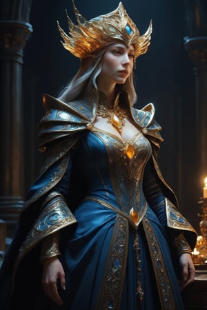 3D artwork, upper body shot represesenting a mighty female young caracter. High elven hat shaped as a white seashell, mantle, shining amber gold jewels. (Majestic pose:1.4), (hieratic expression:1.6), emerging from the darkness in the style of Rembrandt. The caracter wears a blue large luxury dress. The character is illuminated from the side by a dark golden light. Marine vibes. Vibrant colors. The background is a black gothic cathedral interior dimly lit by moonlight. UHD, high resolution, 8k.