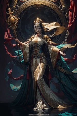 Full body shot of a character standing in majestic pose, realistic representation of a fantasy chinese empress, with the most sumptuous wedding hanfu dress made of white silk and richly embroidered with gold and silver threads, intricately carved golden badges and tassels. Underwater background, magic circles. Art by Yoshitaka Amano, Huang Guangjian, Zhong Fenghua, stunning interpretive visual, gothic regal, colorful, realistic eyes, dreamy magical atmosphere, (film grain), (warm hue, warm tone), cinematic light, side lightings,zhongfenghua,gu,weapon