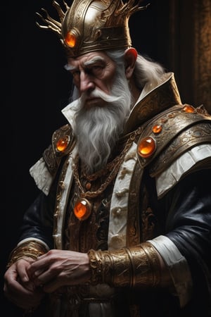 3D artwork, upper body shot of a caracter represesenting an harlequin mighty man. High elven hat shaped as a white seashell, orange mantle, shining gold jewels and silver chains. (Majestic pose:1.4), (hieratic expression:1.6), emerging from the darkness in the style of Rembrandt. The caracter wears an orange large luxury suit. The character is illuminated from the side by a dark golden light. Vibrant colors. The background is a black gothic cathedral interior dimly lit by moonlight. UHD, high resolution, 8k.