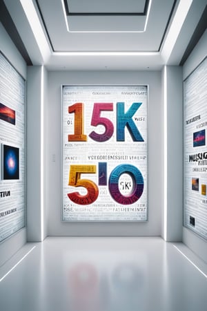 Front view of a futuristic museal artwork with the text "15K", displayed on the white wall inside a futuristic museum. Bright colors, surrealist, close shot. ,dvr-txt