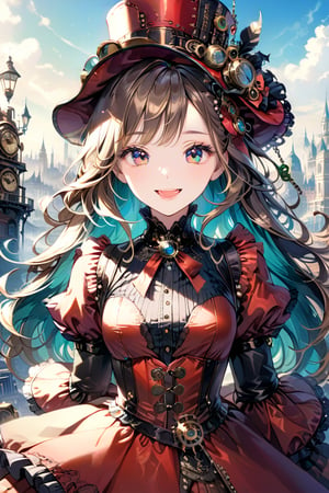 Very beautiful girl with a steampunk victorian bright red dress, sumptuous hat, masterpiece, illustration, extremely detailed, beautiful detailed eyes, beautiful detailed mouth, warmly smile, (bright colors:1.4), city on background 