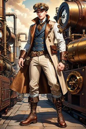 Industrial steampunk mechanic boy, perfectly detailed face, (cap:0.8), steampunk beige leather double-breasted jacket, beige tweed fabric puffed trousers, (leather laced boots:0.8), intricately detailed brass accessories. Masterpiece, illustration, extremely detailed, cinematic pose, industrial background