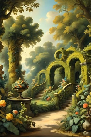 A mystical greenery garden, masterful whimsical topiary sculptures, baroque style vases, flowers, esotic birds, (multiple fantastic spirals of branches and leaves:1.9), dreamy atmosphere, golden vibes, romantic landscape. Masterpiece, rococo style, painted by Jean-Honoré Fragonard and Jan Bruegel 
