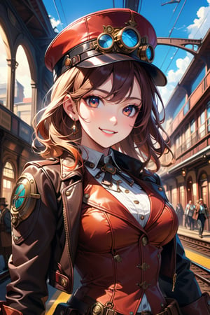 Very beautiful girl with a steampunk leather jacket, red waistcoat and hat, intricately detailed brass accessories. Masterpiece, illustration, extremely detailed, beautiful detailed eyes, beautiful detailed mouth, warmly smile, bright colors, railway station on background, complex_background 
