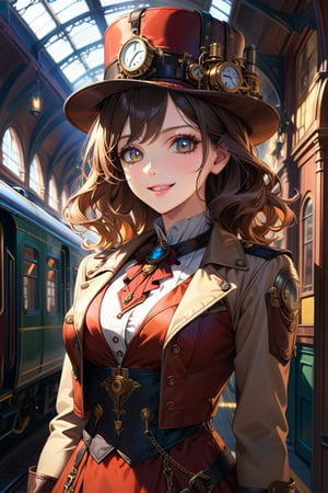 Very beautiful girl with a steampunk beige leather jacket, red waistcoat and hat, intricately detailed brass accessories. Masterpiece, illustration, extremely detailed, beautiful detailed eyes, beautiful detailed mouth, warmly smile, bright colors, victorian railway station on background, complex_background 