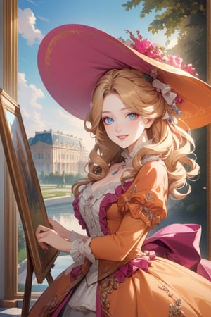 Very beautiful girl wearing a sumptuous fuchsia and pale orange dress, wide brimmed hat, illustration, detailed, beautiful detailed blue eyes, (beautiful detailed face:1.2), blonde hair, warmly smile, she is showing a painting of hers, Versailles background. Rococo oil paint