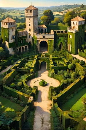 A surreal ancient garden with a medieval high hedge maze, many paths that intersect, outside a French castle. A masterpiece painted by Claude Lorrain, highly detailed leaves, golden hour, romantic landscape, Architectural100, itacstl