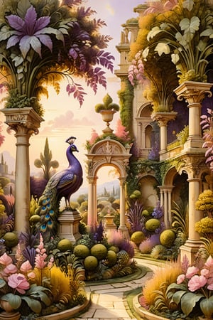 An ultra higly detailed ancient garden with a sumptuous plant sculpture, masterpiece of topiary art. A masterpiece painted by Claude Lorrain, highly detailed leaves, purple flowers, a pink (peacock:1.2) at the center of the scene. Golden hour, romantic landscape, vivid colour contrasts,  Architectural100, on parchment