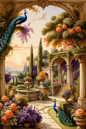 An ultra higly detailed ancient greenery garden with sumptuous masterpieces of topiary art. A masterpiece painted by Claude Lorrain, highly detailed leaves, purple flowers, red and orange roses and a (white peacock:1.4) at the center of the scene. Golden hour, romantic landscape, vivid colour contrasts,  Architectural100, on parchment