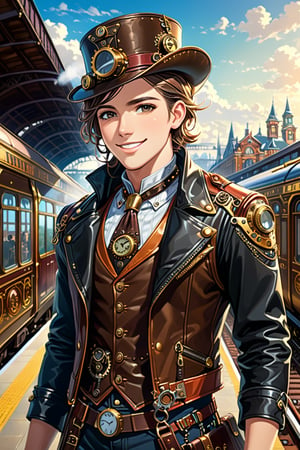 Very skilled boy, black eyes and hair, with a steampunk leather jacket, waistcoat and hat, intricately detailed brass accessories. Masterpiece, illustration, extremely detailed, warmly smile, bright colors, railway station on background 