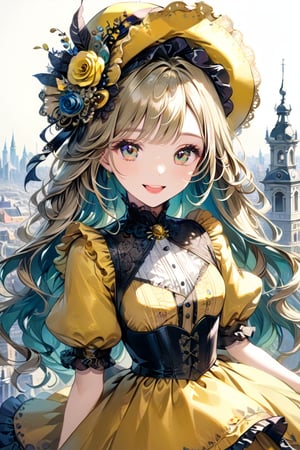 Very beautiful girl with a very ornated victorian bright yellow dress, sumptuous hat, masterpiece, illustration, extremely detailed, beautiful detailed eyes, beautiful detailed mouth, warmly smile, (bright colors:1.4), city on background 