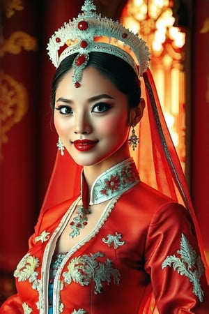 Dappled Light, portrait of a character, intricate (pencil sketch:1.5) of a vietnamese queen with the most sumptuous red wedding dress. Perfect eyes, perfect nose, perfect lips, perfect face. Vietnamese royal palace background. Colorful, realistic eyes, dreamy magical atmosphere, cinematic light, side lighting, vivid color