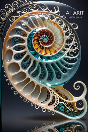 A 3D style artwork that shows (an amazing glass sea nautilus shell), (glass art:1.4), (trendwhore style:1.6), with the large (text "AI-ART":1.2) on it. Gradient background, sharp details. Dark filigree on background. Highest quality, detailed and intricate, original artwork, trendy, futuristic, award-winning. Bright colors, close shot, artint