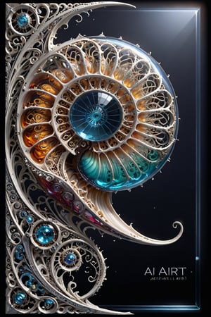 A 3D style artwork that shows (an amazing glass sea nautilus shell), (glass art:1.4), (trendwhore style:1.6), with the large (text "AI-ART":2) in the corner. Gradient background, sharp details. Dark filigree on background. Highest quality, detailed and intricate, original artwork, trendy, futuristic, award-winning. Bright colors, close shot, artint, make_3d,art_booster,crystalz,spstation