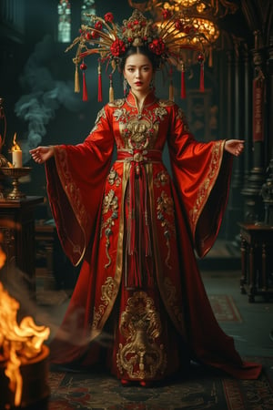 Full body shot of a character standing in majestic pose, representation of a very tall fantasy chinese empress with the most sumptuous wedding hanfu dress made of (red:1.4) silk and richly embroidered with gold and silver threads, (wide sleeves:1.2), intricately carved golden badges and tassels, golden line, dark gothic cathedral background, fire and flame and clouds of smoke. Art by Yoshitaka Amano, Zhong Fenghua, stunning interpretive visual, gothic regal, colorful, realistic eyes, dreamy magical atmosphere, (film grain), (warm hue, warm tone), cinematic light, side lightings, Midjourneyart, zhongfenghuaStyle, Midjourney_Whisper