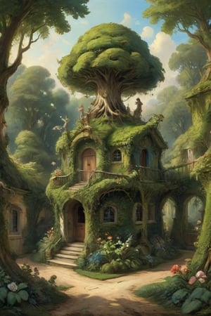 A mystical greenery garden with a treehouse in the center, masterful whimsical topiary sculptures, baroque style vases, flowers, esotic birds, (multiple fantastic spirals of branches and leaves:1.9), dreamy atmosphere, golden vibes, romantic landscape. Masterpiece, rococo style, painted by Francois Boucher and Jean-Honoré Fragonard