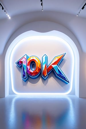 Front view of a 3D style graffiti museal artwork with the text "10K", displayed on the white wall of a futuristic museum. Bright colors, close shot. Text,crystalz