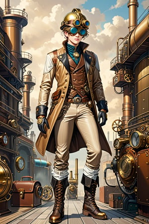 Industrial steampunk mechanic boy, perfectly detailed face, steampunk beige leather double-breasted jacket, leather helmet and goggles, beige tweed fabric puffed trousers, leather laced boots, intricately detailed brass accessories. Masterpiece, illustration, extremely detailed, industrial background