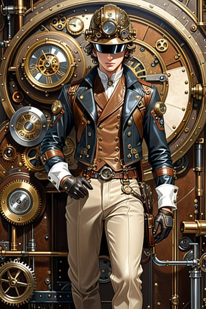 Very skilled industrial mechanic boy, with a steampunk leather double-breasted jacket, leather helmet, beige tweed puffed trousers, intricately detailed brass accessories. Masterpiece, illustration, extremely detailed, industrial deep background 