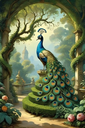 A mystical greenery garden, masterful whimsical topiary sculptures, flowers, a majestic awesome peacock at the center of the scene. (Multiple fantastic spirals of branches and leaves:1.9), dreamy atmosphere, golden vibes, romantic landscape. Masterpiece, rococo style, painted by Jean-Honoré Fragonard and Michael Cheval