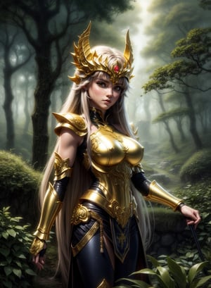 A saint seiya intricately ornated golden armored girl by Luis Royo, greenery forest background