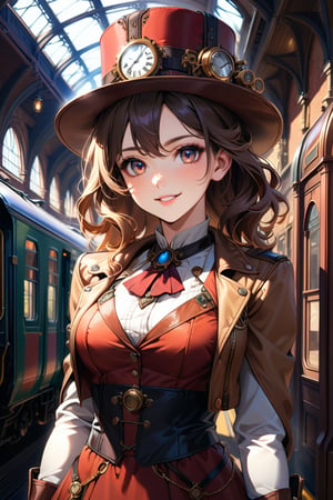 Very beautiful girl with a steampunk beige leather jacket, red waistcoat and hat, intricately detailed brass accessories. Masterpiece, illustration, extremely detailed, beautiful detailed eyes, beautiful detailed mouth, warmly smile, bright colors, victorian railway station on background, complex_background 