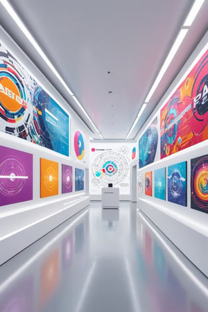 Wide view of a futuristic colorful museal room with some artworks representing graphics and concept maps displayed on the white walls. Futuristic museum. Bright colors, close shot, artint, real_booster, art_booster