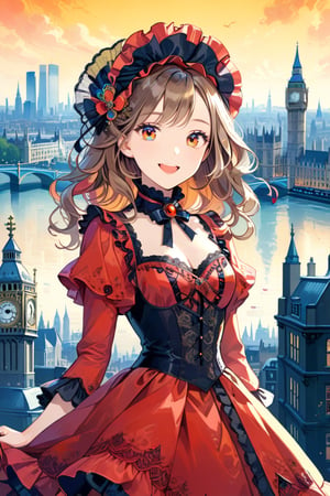 Very beautiful girl with a very ornated victorian red dress, masterpiece, illustration, extremely detailed, beautiful detailed eyes, beautiful detailed mouth, warmly smile, (bright colors:1.4), city of London on background 